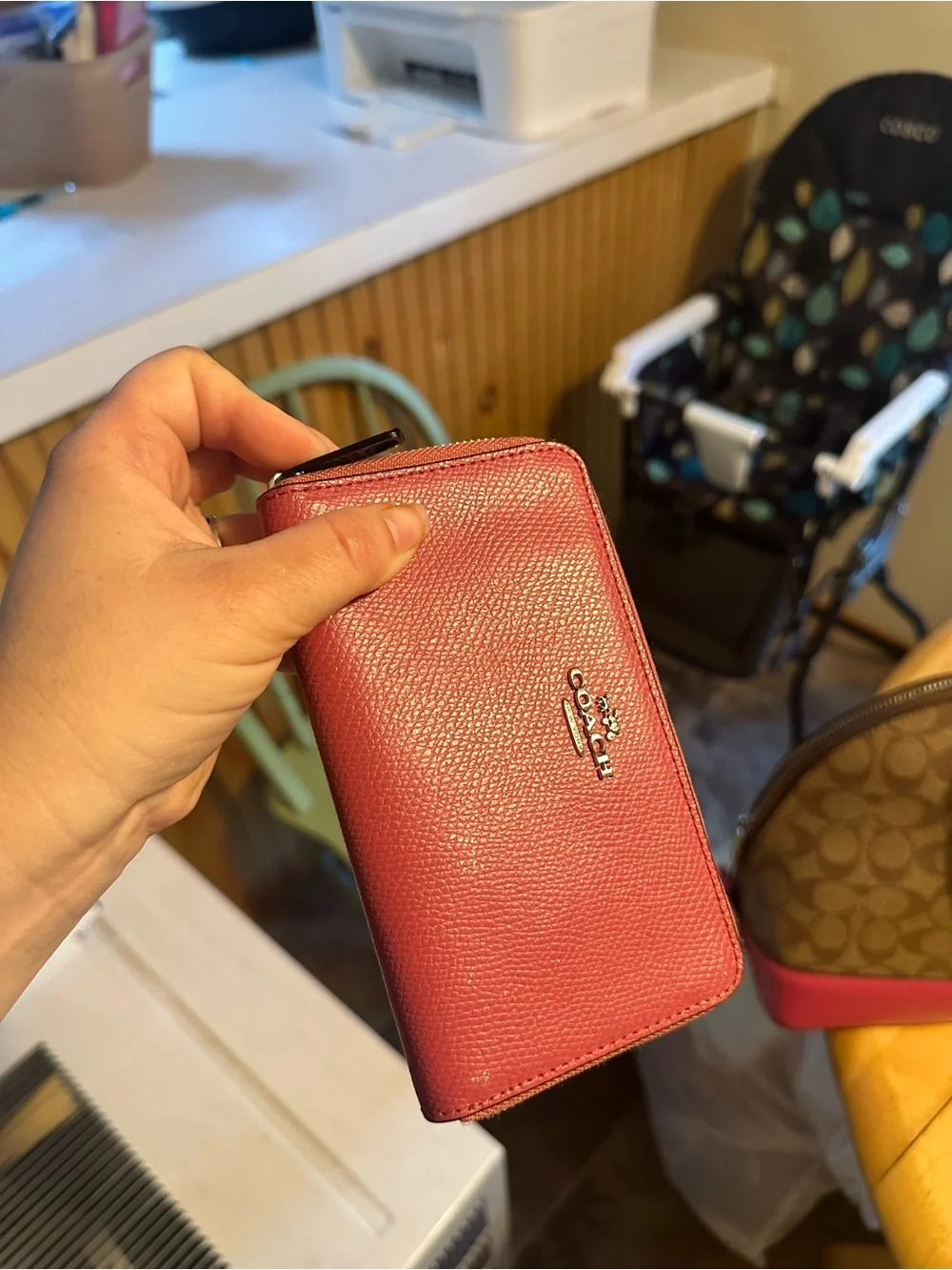Coach Brown Signature Dome Satchel with Pink Trim and Matching Pink Wallet